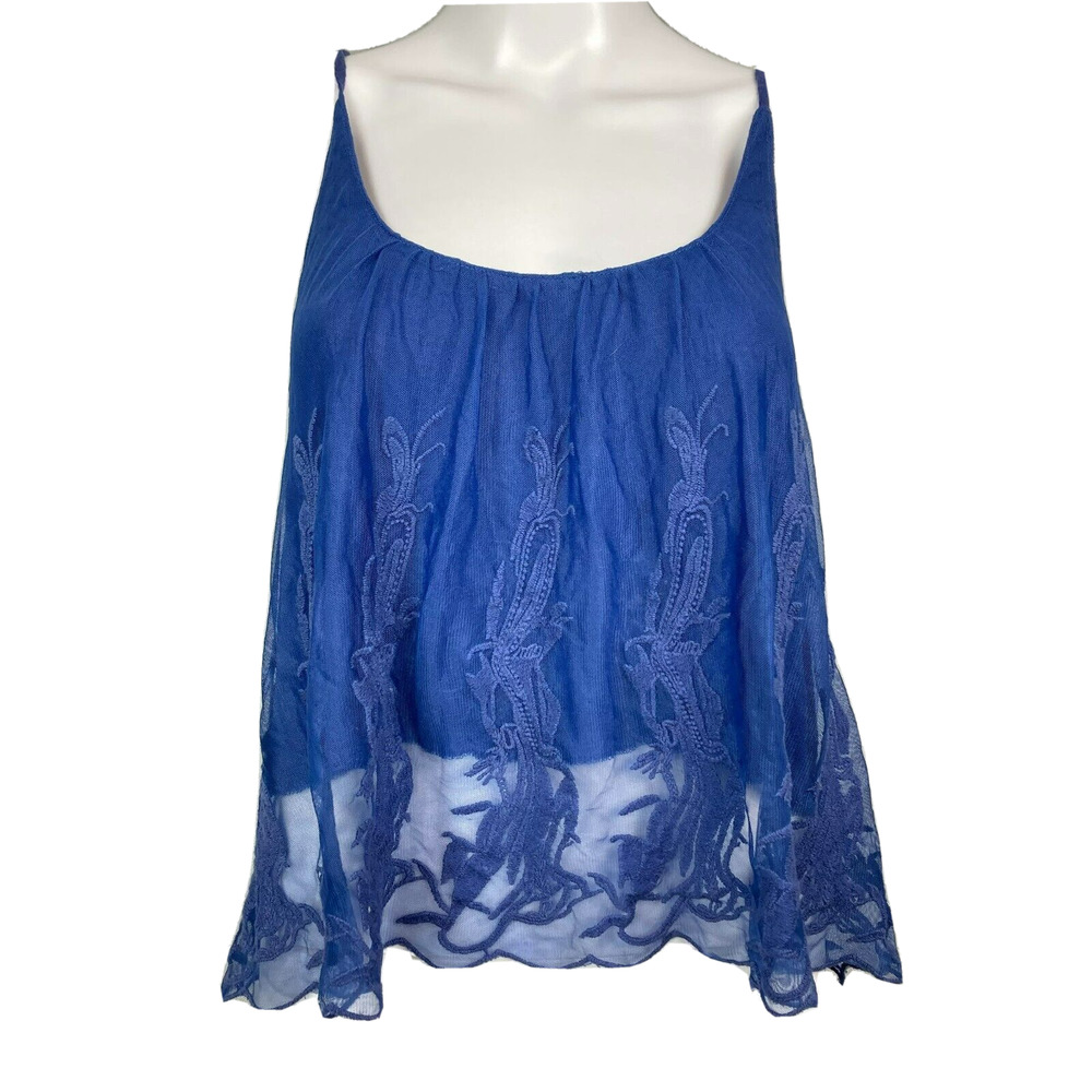 PPLA Clothing Tank Womens Sz L Blue Embroidered Chiffon Backless Crop Tank Cami